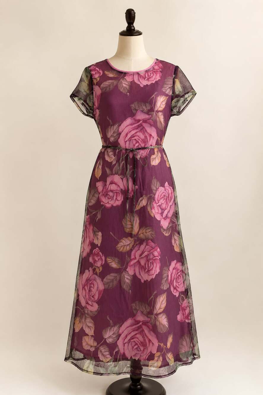 Sweet Soda by Great Escape Pink Floral Chiffon Maxi Dress with Tie Belt